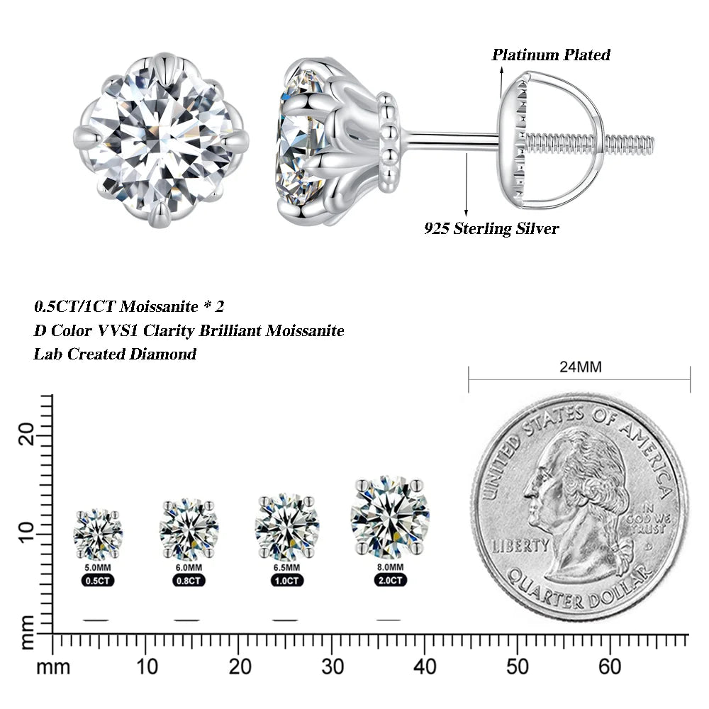 0.5/1ct D Color VVS1 Moissanite Stud Earrings S925 Sterling Screw Back