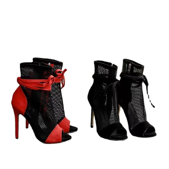 Fish Mouth Splicing Hollowed Out Simple Bow High Heels Women's Large Size Side Zipper Fashion