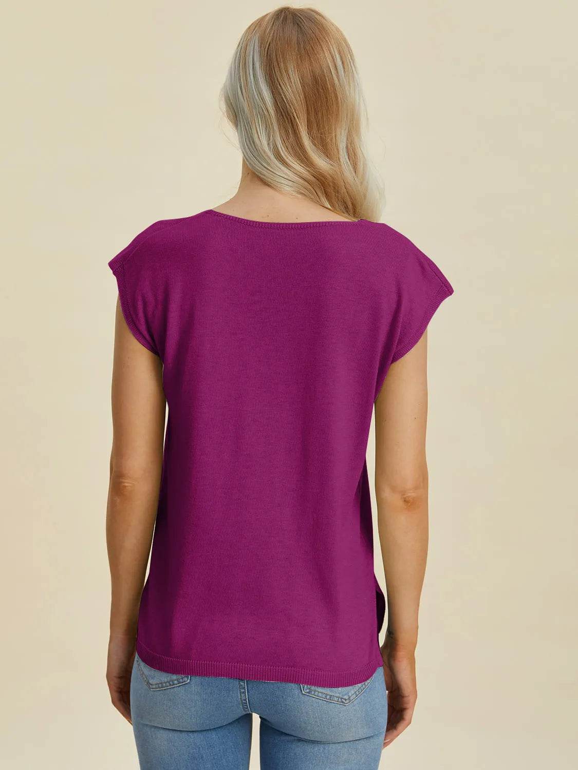 Double Take Full Size Notched Cap Sleeve Knit Top