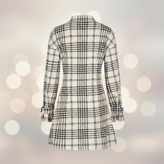 Elegant Plaid Shirt Dress — Ruched Waist A-Line Mini with Long Sleeves