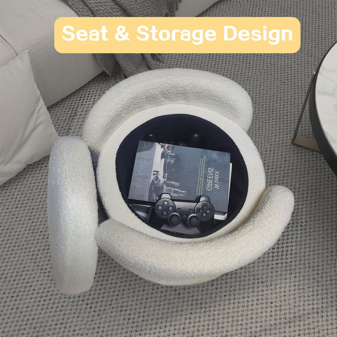 1pc 19.69"Faux Fur Pouf Ottoman Modern Boucle Upholstered With Storage, Multifunctional Upholstered Vanity Chairs For Makeup, Soft Padded Seat With Removable Lid