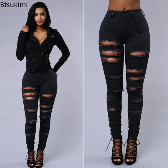 2025 Women's Stretch Skinny Ripped Hole Washed Denim Jeans Female High Waist Pencil Y2k Pants Jeans Ladies Casual Trousers Pants