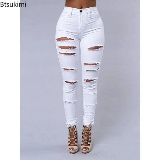 2025 Women's Stretch Skinny Ripped Hole Washed Denim Jeans Female High Waist Pencil Y2k Pants Jeans Ladies Casual Trousers Pants