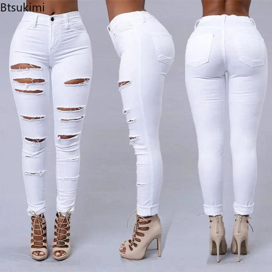 2025 Women's Stretch Skinny Ripped Hole Washed Denim Jeans Female High Waist Pencil Y2k Pants Jeans Ladies Casual Trousers Pants