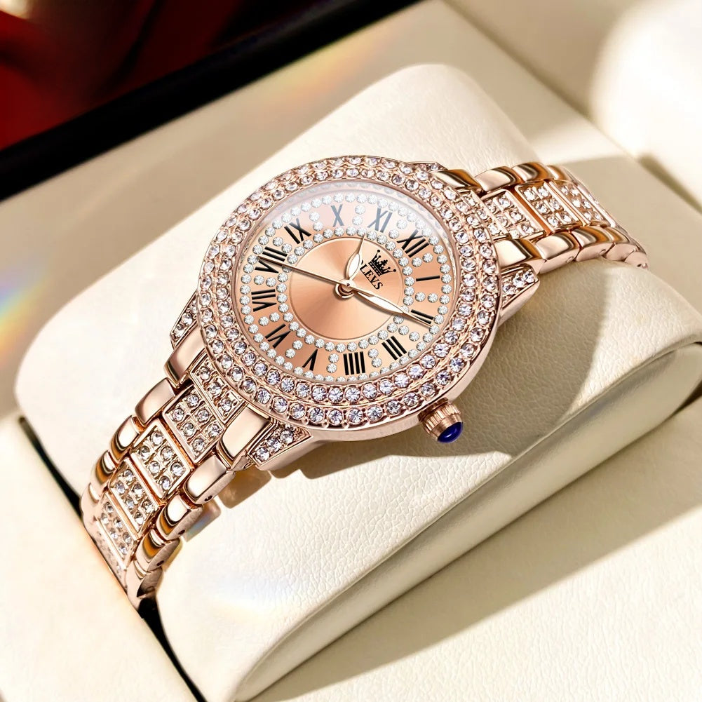 Women's Rose Gold Crystal Roman Numeral Watch Elegant