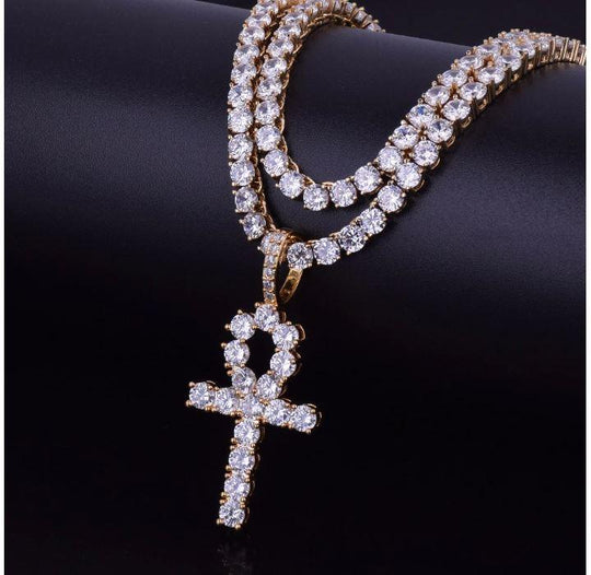 3mm Tennis Chain With Pavé Ankh Pendant Iced Layered Gold