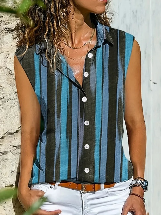 Button Detail Striped Sleeveless Shirt