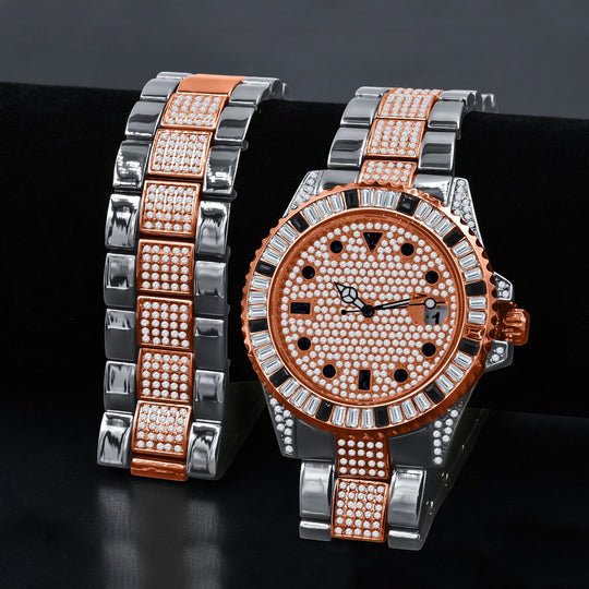 42mm CZ Pave Crystal Watch And Bracelet Set Rose Gold