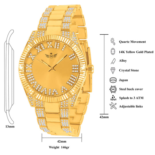 42mm Gold CZ Watch And Bracelet Set With Sparkle Luxury