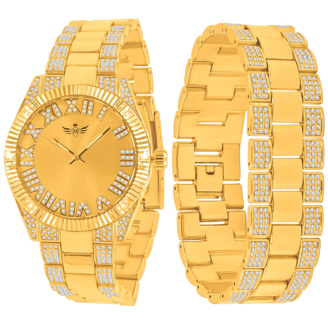 42mm Gold CZ Watch And Bracelet Set With Sparkle Luxury