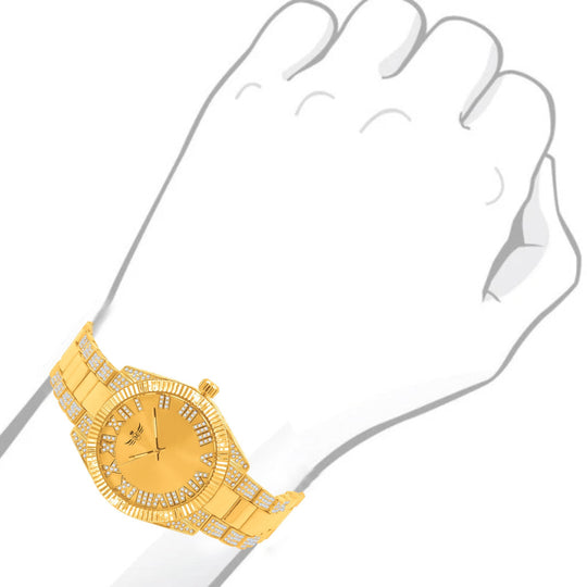 42mm Gold CZ Watch And Bracelet Set With Sparkle Luxury