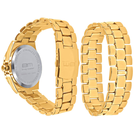 42mm Gold CZ Watch And Bracelet Set With Sparkle Luxury