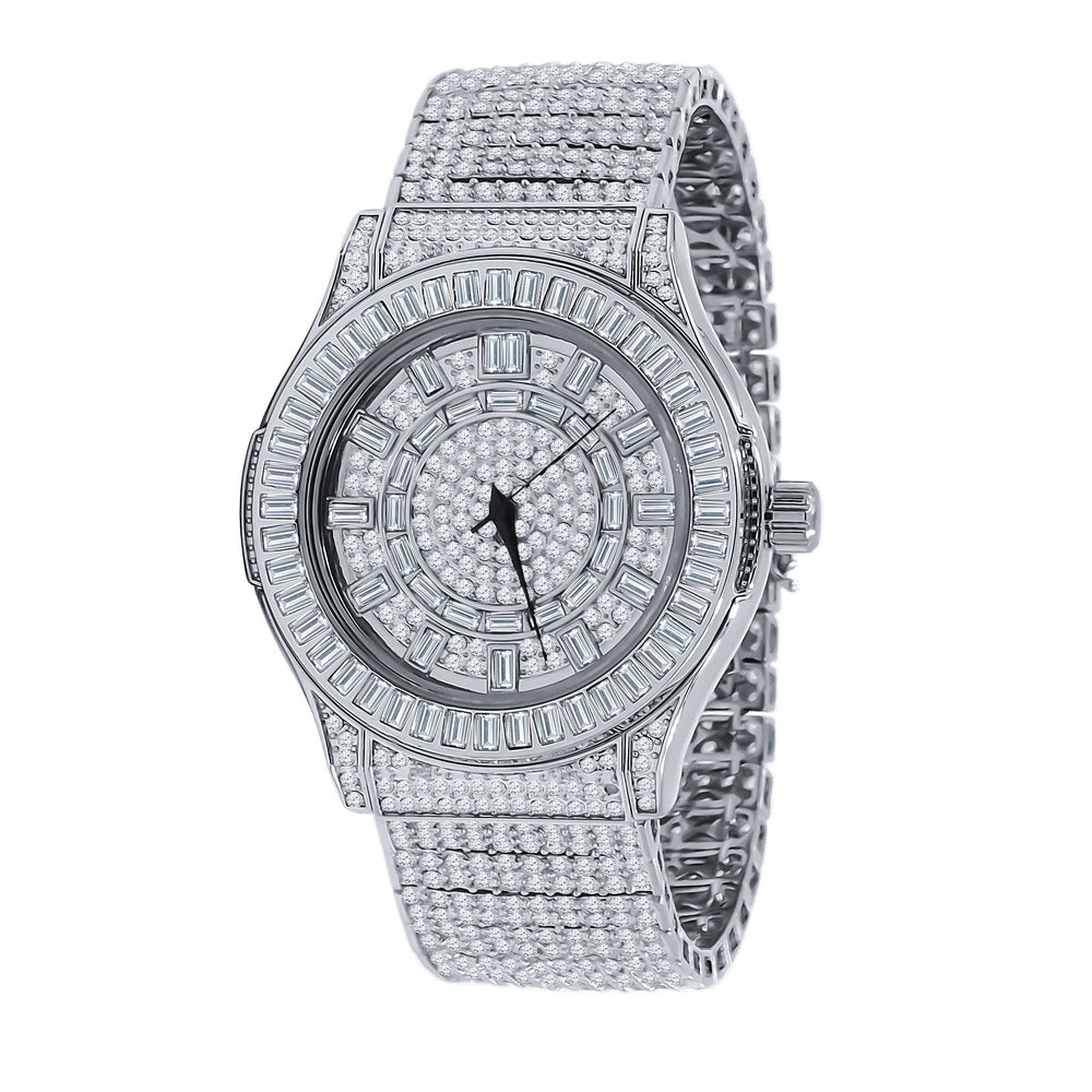 42mm Men's CZ Studded Silver Steel Bracelet Classic Watch