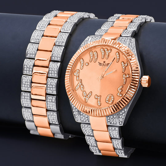 42mm Slate Dial Watch And CZ Two Tone Bracelet Set Women