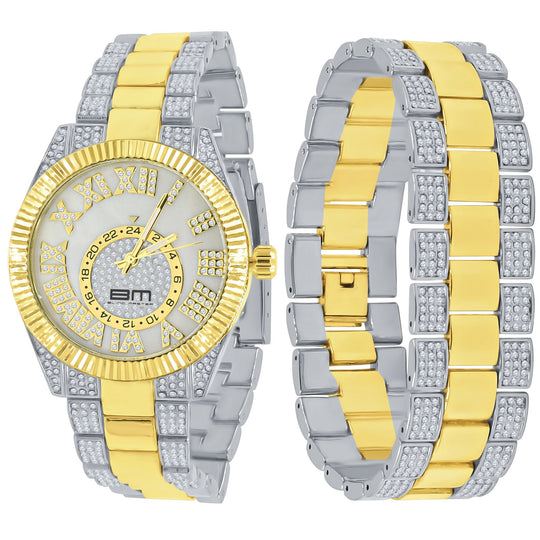 42mm Two Tone CZ Watch And Bracelet Set Luxury Dress
