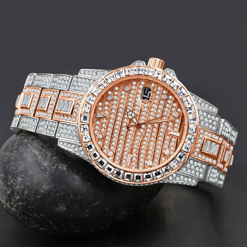 43mm CZ Iced Out Hip Hop Watch Pave Dial Bracelet Gold Tone