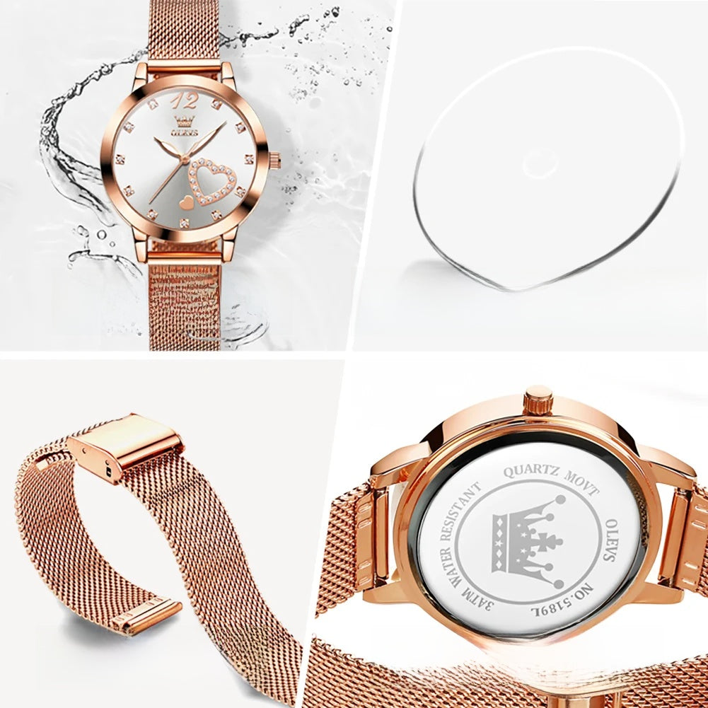 Rose Gold Mesh Women's Watch Heart Crystal Dial Quartz