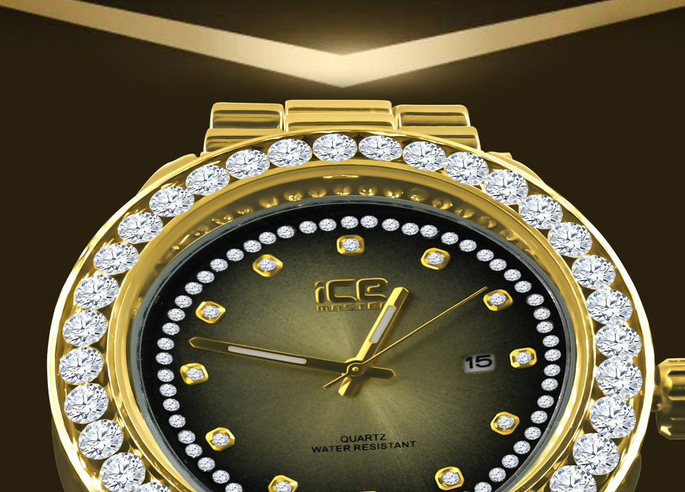 44MM CZ Iced Out Hip Hop Gold Alloy Quartz Watch Mens