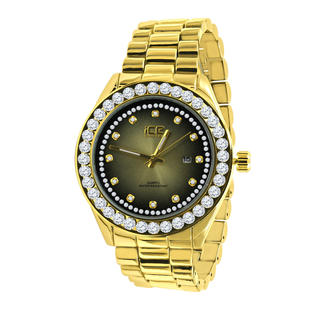 44MM CZ Iced Out Hip Hop Gold Alloy Quartz Watch Mens
