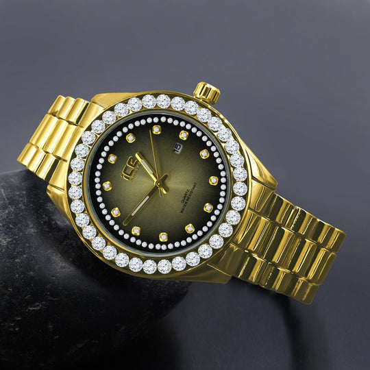 44MM CZ Iced Out Hip Hop Gold Alloy Quartz Watch Mens