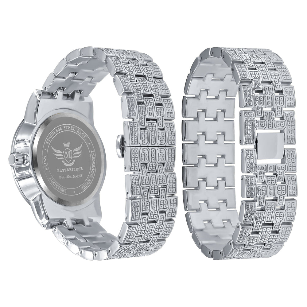 44mm Two Tone CZ Iced Out Watch And Bracelet Set Silver