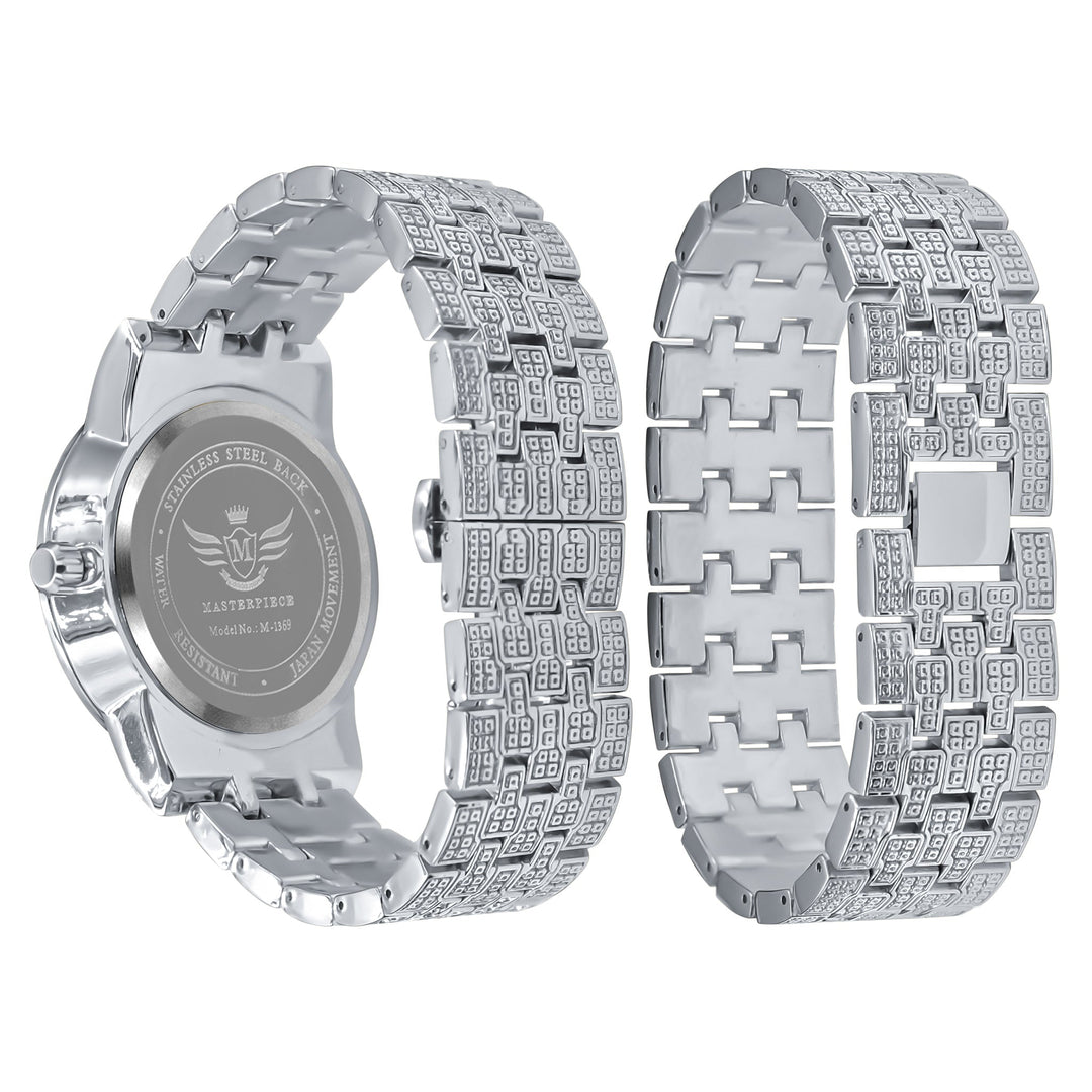 44mm Two Tone CZ Iced Out Watch And Bracelet Set Silver