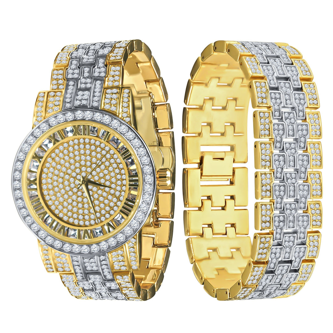 44mm Two Tone Iced CZ Watch With Matching Bracelet Set