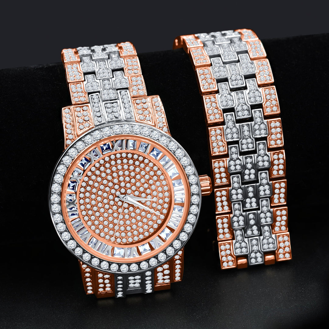 44mm Two Tone Pave CZ Luxury Watch And Bracelet Set