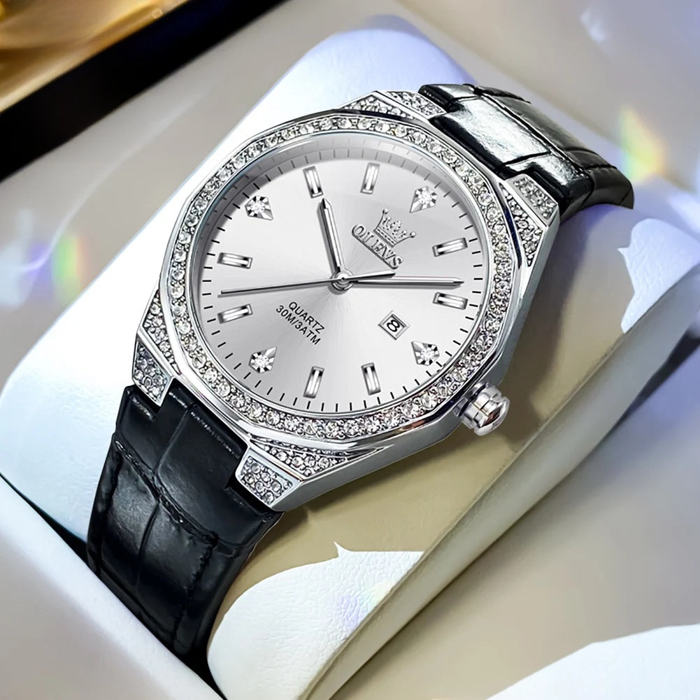 Women's Crystal Bezel White Leather Strap Watch Quartz Date