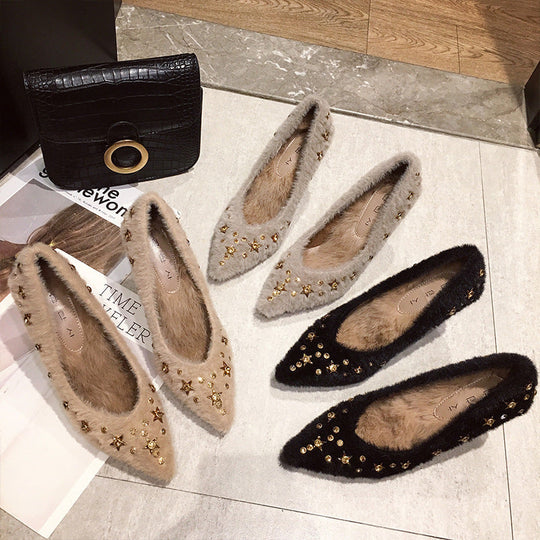 Branded Fuzzy Pumps High Heels Pointed Comfortable