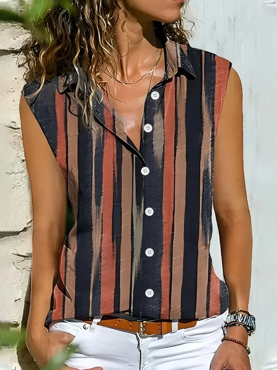Button Detail Striped Sleeveless Shirt