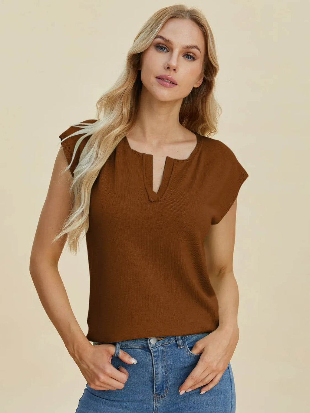 Double Take Full Size Notched Cap Sleeve Knit Top