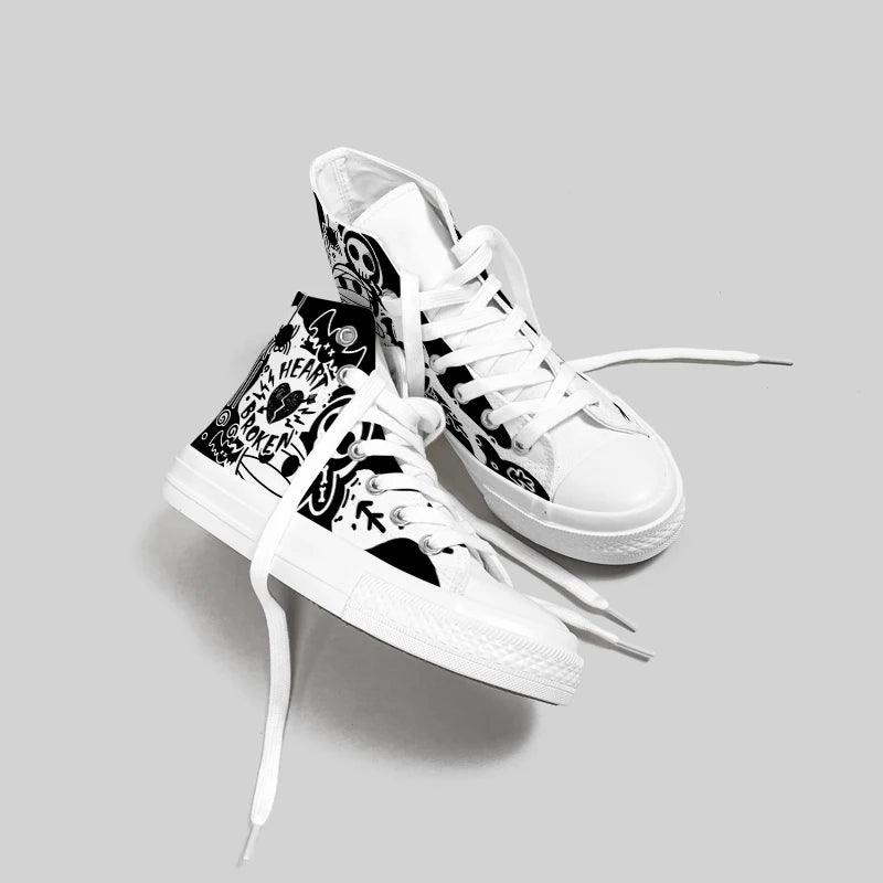 Amy and Michael Original Design Individual Graffiti Shoes Women High Top Canvas Sneakers Teenagers Students Skateboard Shoes