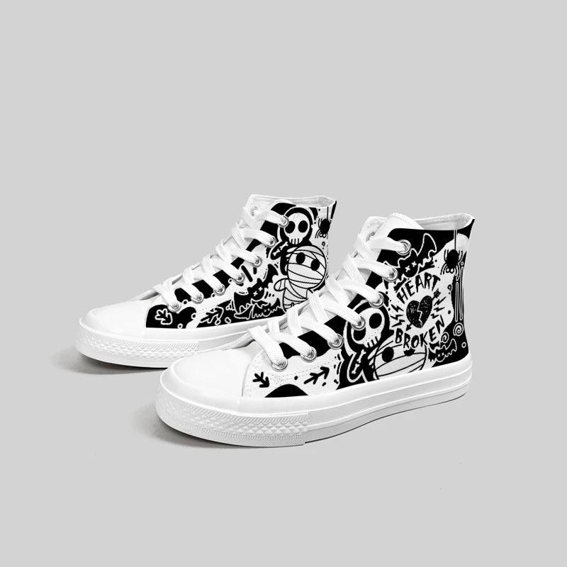 Amy and Michael Original Design Individual Graffiti Shoes Women High Top Canvas Sneakers Teenagers Students Skateboard Shoes