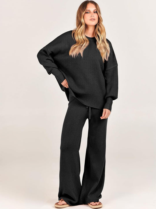 ANRABESS Womens 2 Piece Outfits Fall Lounge Set 2025 Oversized Chunky Knit Sweater Top Wide Leg Pants Loungewear Clothes