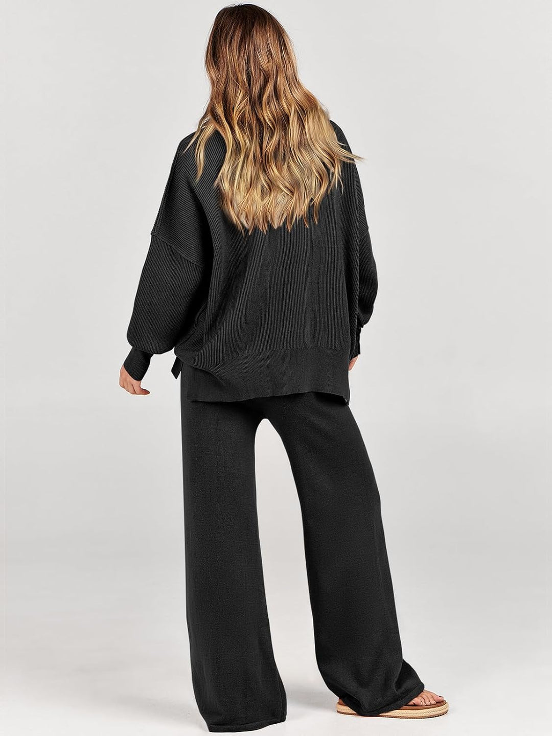 ANRABESS Womens 2 Piece Outfits Fall Lounge Set 2025 Oversized Chunky Knit Sweater Top Wide Leg Pants Loungewear Clothes