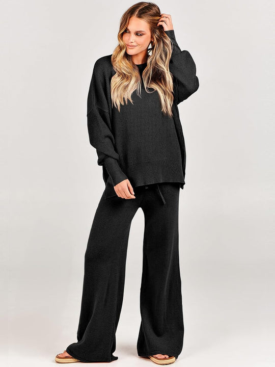 ANRABESS Womens 2 Piece Outfits Fall Lounge Set 2025 Oversized Chunky Knit Sweater Top Wide Leg Pants Loungewear Clothes
