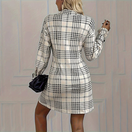 Elegant Plaid Shirt Dress — Ruched Waist A-Line Mini with Long Sleeves