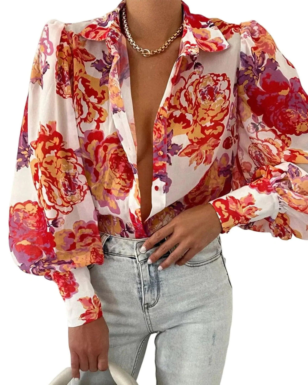 BTFBM Women's Boho V-Neck Button-Down Blouse