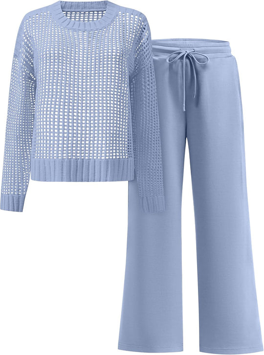ANRABESS Womens 2 Piece Outfits Crochet Sheer Knit Sweater Top Wide Leg Pants Lounge Sets Sweatsuit 2025 Fall Travel Clothes