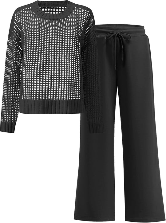 ANRABESS Womens 2 Piece Outfits Crochet Sheer Knit Sweater Top Wide Leg Pants Lounge Sets Sweatsuit 2025 Fall Travel Clothes
