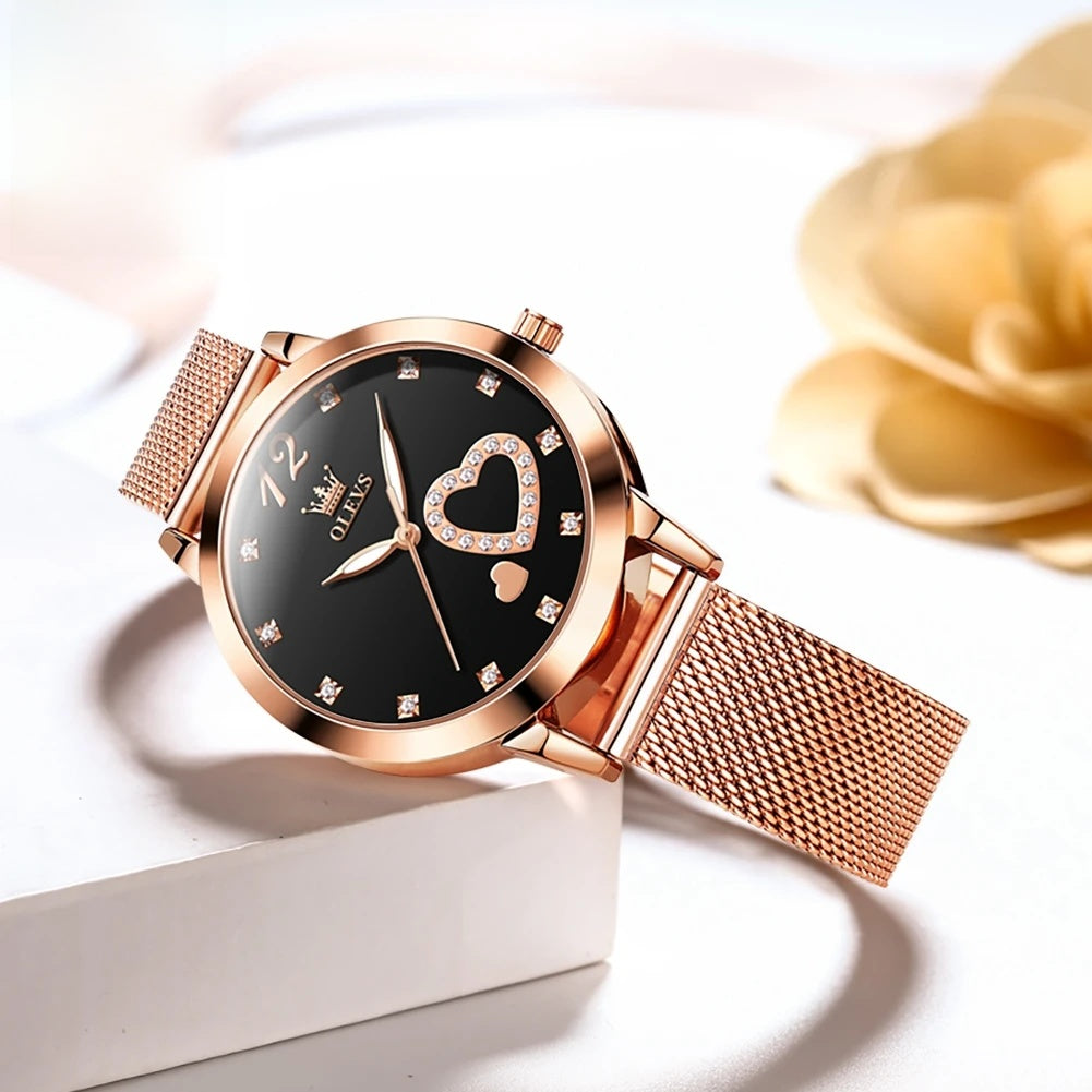 Rose Gold Mesh Women's Watch Heart Crystal Dial Quartz