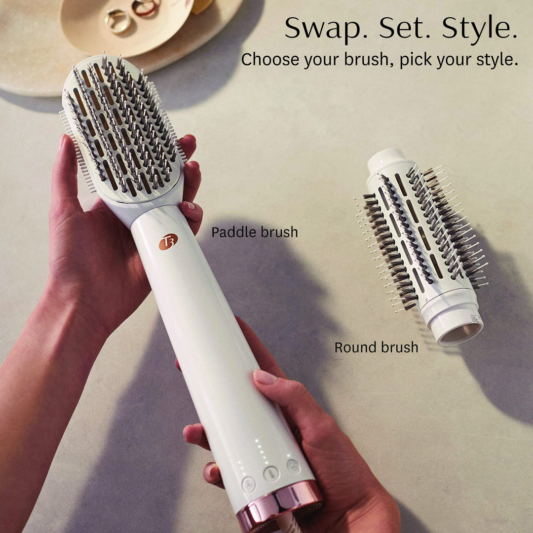 "T3 AireBrush Duo Interchangeable Hot Air Blow Dry Brush with Two Attachments � Includes 15 Heat and Speed Combinations, T3 IonFlow Technology, Volume Booster Switch, Lock-in Cool Shot"