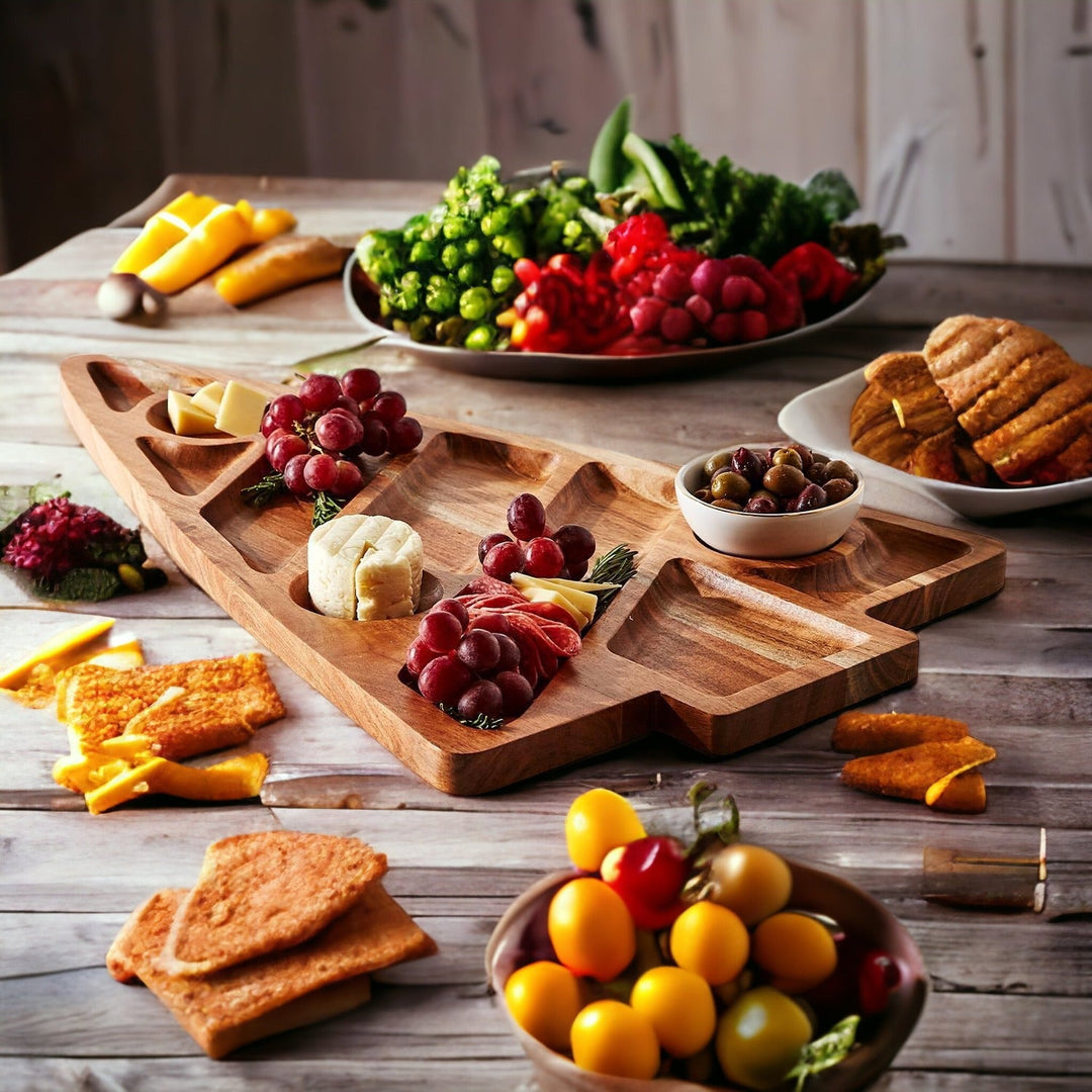Oversized Acacia Wood Christmas Tree Charcuterie Board With Sectioned Serving