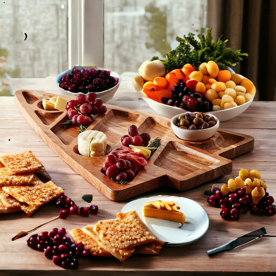 Oversized Acacia Wood Christmas Tree Charcuterie Board With Sectioned Serving