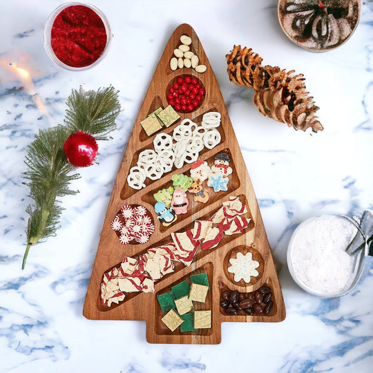 Oversized Acacia Wood Christmas Tree Charcuterie Board With Sectioned Serving