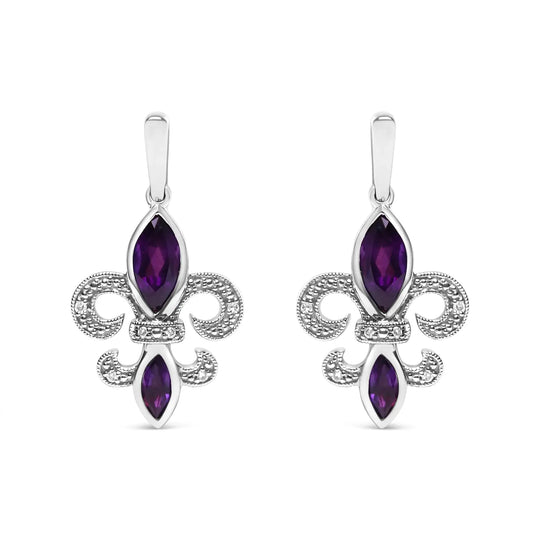 .925 Sterling Silver Marquise Cut Amethyst and Diamond Accent Fleur De Lis Dangle Stud Earrings (H-I Color, SI1-SI2 Clarity)
