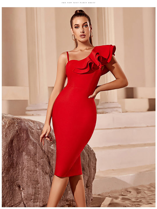 Asymmetrical Neck Ruffle Trim Bodycon Dress Bandage Dress Sleeveless Evening Party