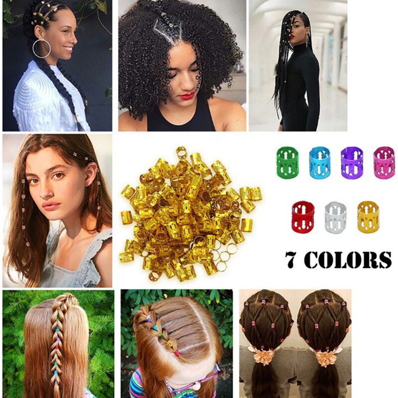 100 Pcs/set 7 Colors Mixed Beads Adjustable Hair Braids Dreadlock Beads Adjustable Hair Braid Rings Cuff Clips Tubes Jewelry