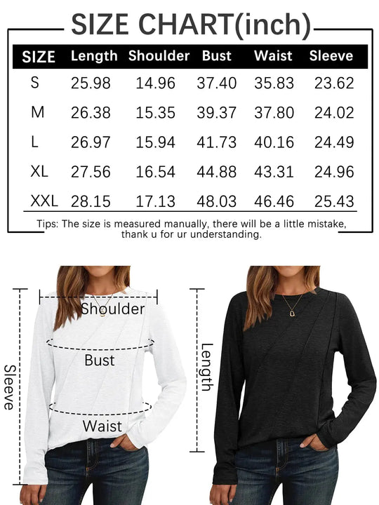 AUTOMET Womens Long Sleeve Shirts Pleated Crew Neck Casual Fall Fashion Tops